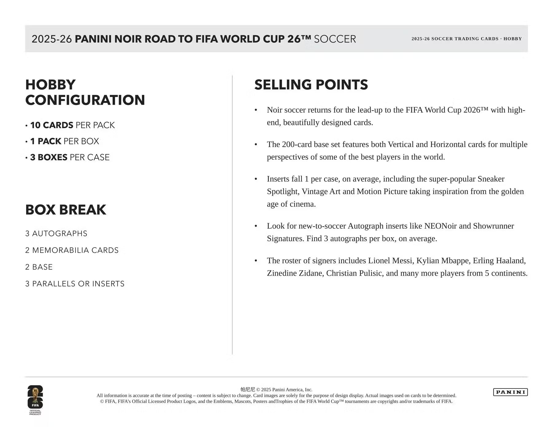 Box Caja Cromos 2025-26 Panini Noir Road to FIFA World Cup Soccer Hobby Box