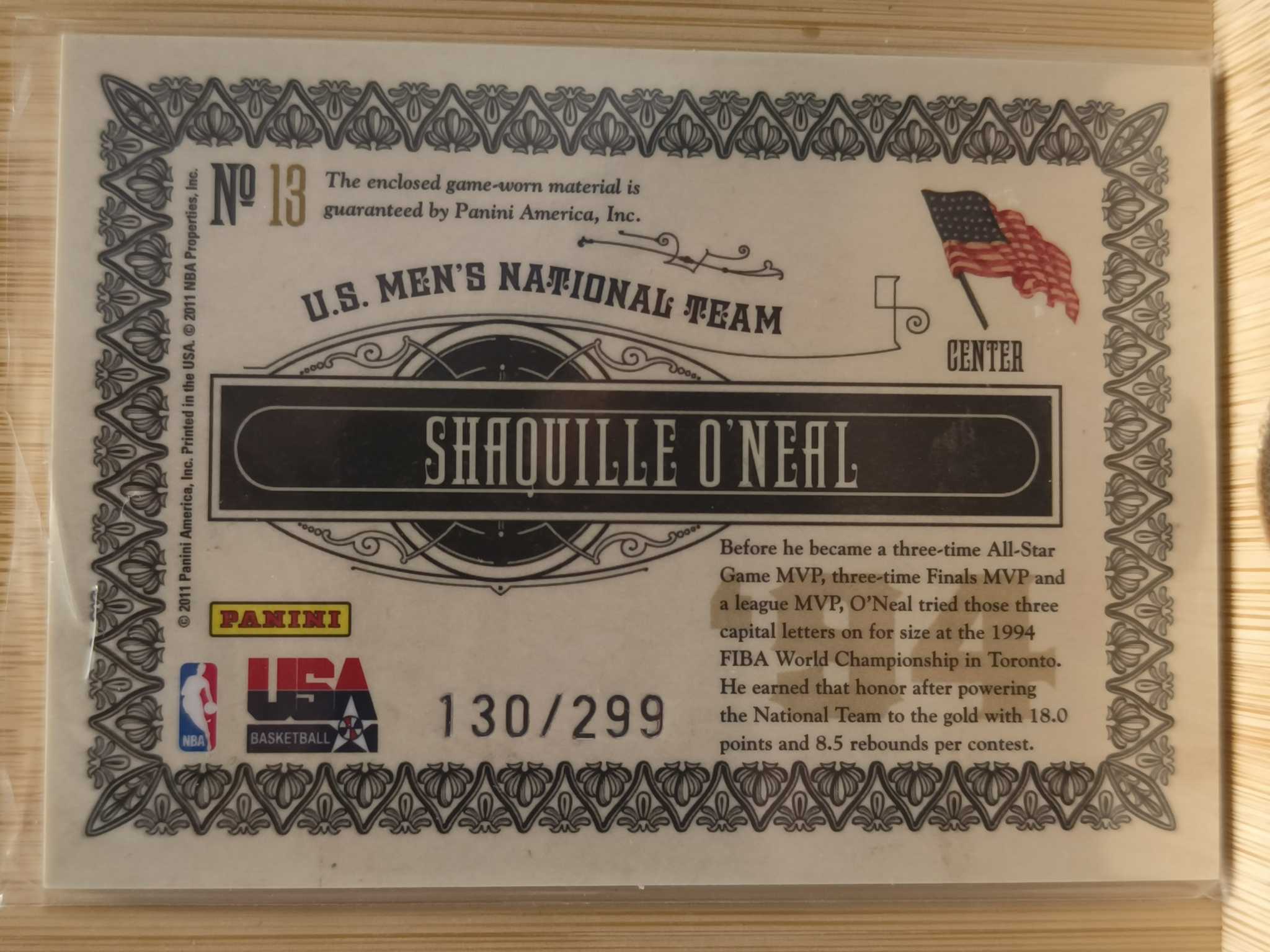 2010-11 Panini Gold Medalist Shaquille O’Neal Jersey /299 TEAM USA