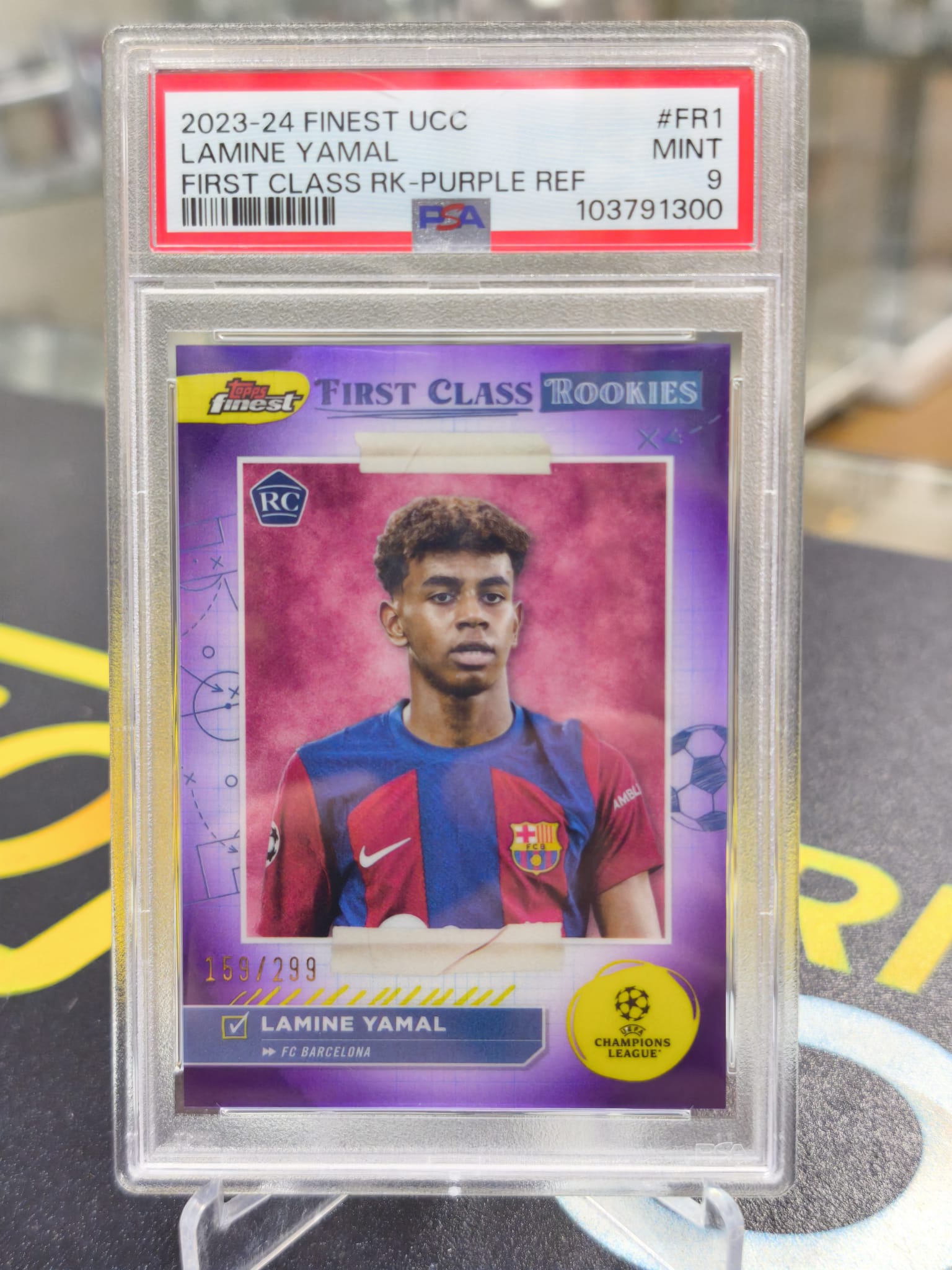 2023-24 Topps Finest UCC First Class Rookie Purple Lamine Yamal /299 PSA 9