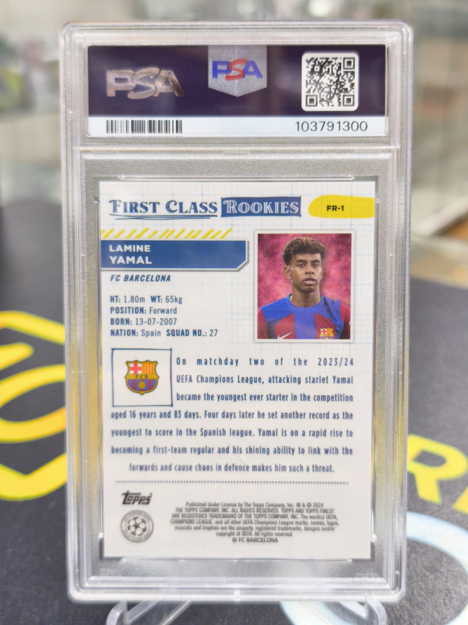 2023-24 Topps Finest UCC First Class Rookie Purple Lamine Yamal /299 PSA 9